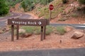 Sign for Weeping Rock, a viewpoint of a waterfall in Zion National Park in Utah Royalty Free Stock Photo