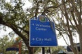 WINTER PARK, FLORIDA, USA - January 2, 2022: View of the Sign Welcome Center and City Hall Directions Photo image Royalty Free Stock Photo