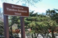 Sign welcomes visitors to Theodore Roosevelt Island in Washington DC along the Potomoc River Royalty Free Stock Photo