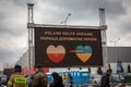 Sign welcoming refugees from Ukraine at the Mlyny refugee centre