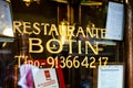 Sign on the window of Restaurant Botin, the oldest restaurant in the world. Madrid, Spain