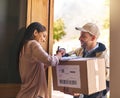 Sign, woman and courier with a package, delivery or box with service, professional or retail. Female person, customer or