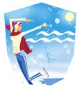 Sign of the zodiac Aquarius.  Winter landscape with an ice-hole and the moon. A girl in a yellow sweater and a red scarf skates Royalty Free Stock Photo