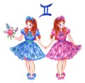 Sign of the zodiac twins, watercolor illustration.
