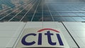 Signage board with Citigroup logo. Modern office building facade. Editorial 3D rendering