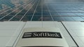 Signage board with SoftBank logo. Modern office building facade. Editorial 3D rendering