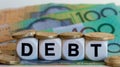 Debt signage with Australian coins and one hundred dollar notes. Royalty Free Stock Photo
