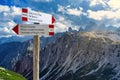 Signage indicating mountain trails to the Locatelli refuge and Lavaredo refuge in the Italian Dolomites Royalty Free Stock Photo