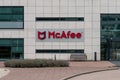 Signage with logo at the headquarters of virus removal and cybersecurity company McAfee