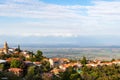 Signagi town panorama over Alazan valley at sunset