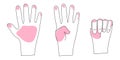 The Signal for Help, single-handed gesture. Violence at Home Signal for Help. Three hand images with pink stains.