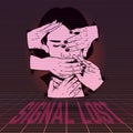 Signal lost. Vector poster with hand drawn illustration of girl with hands .