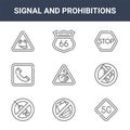 9 signal and prohibitions icons pack. trendy signal and prohibitions icons on white background. thin outline line icons such as Royalty Free Stock Photo