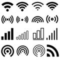 Signal set vector icons. Radio signals waves and light rays, radar, wifi, antenna and satellite signal symbols. Wireless technolog Royalty Free Stock Photo