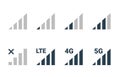 Signal strength 4g mobile phone reception bar icon. 5g signal strength level smartphone status bar network lte level.