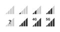 Signal strength indicator set, mobile phone bar status black icon. No signal symbol, 4g and 5g network connection level sign.