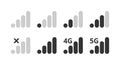 Signal strength indicator set, mobile phone bar status icon. No signal symbol, 4g and 5g network connection level sign. Vector