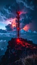 Signal Tower Against a Dramatic Lightning Sky Royalty Free Stock Photo