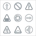 Signaling line icons. linear set. quality vector line set such as direction, hump, left hair pin, turn right, roundabout, fence, Royalty Free Stock Photo