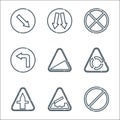 signaling line icons. linear set. quality vector line set such as no stopping, bridge, intersection, roundabout, slope, turn left