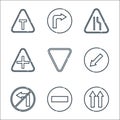 signaling line icons. linear set. quality vector line set such as one way, forbidden, no turn left, keep left, yield, crossroads,