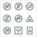 signals and prohibitions line icons. linear set. quality vector line set such as camping, radar, no cit card, railway, no swimming