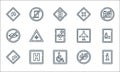 Signals and prohibitions line icons. linear set. quality vector line set such as information, disabled, turn right, no pets, hotel