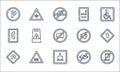 signals and prohibitions line icons. linear set. quality vector line set such as no phone, rest area, turn back, silence, railway