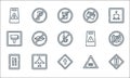 signals and prohibitions line icons. linear set. quality vector line set such as traffic light, ahead only, rest area, railway,