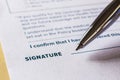 Signature concept with pen and legal contract form Royalty Free Stock Photo