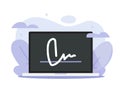 Signature digital electronic online service modern icon vector, internet web autograph sign smart contract agreement on laptop