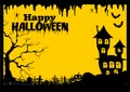 Signature happy Halloween on yellow background with graveyard, pumpkins, spiders, bats and gloomy house