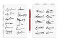 Signature Vector Icon Collection. Fictitious Signatures on Notebook