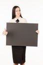 Signboard. Business woman with a big black card. on a white back Royalty Free Stock Photo