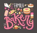 Signboard Family Bakery. Hand drawn lettering with sweet elements, cake, candies, cupcakes and macaroons