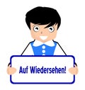 Signboard, goodbye in german, boy, color, character, isolated.