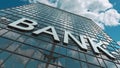 BANK signboard on a moden skyscraper reflecting flying airplane. 3D rendering