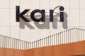 Signboard, name of store logo Kari on building of Planet shopping center. Perm, Russia