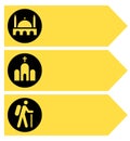 Signboard set on road for pointing direction. Signpost to church, mosque and hiking trail. Landmark - arrow boards