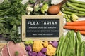Raw vegetables, eggs and meat and text flexitarian