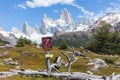 Signboard to indicate direction and information about the trekking paths in National Park Los Glaciares, Patagonia.