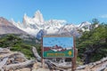 Signboard to indicate direction and information about the trekking paths in National Park Los Glaciares, Patagonia.