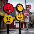Signboards featuring a captivating range of expressive emojis Royalty Free Stock Photo