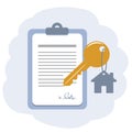 signed contract for house real estate purchase on clip board with key Royalty Free Stock Photo