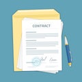 Signed a contract with stamp, envelope, pen. The form of document. Financial agreement concept. Top view. Royalty Free Stock Photo