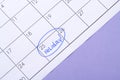 Signed a day of a calendar by a blue highlighter pen. Royalty Free Stock Photo