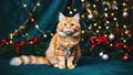 Fluffy orange tabby cat with Christmas tree and festive decorations Royalty Free Stock Photo