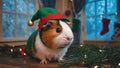 Guinea pig in elf hat with holiday decor Royalty Free Stock Photo