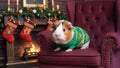 Guinea pig on armchair by fireplace with festive decor Royalty Free Stock Photo