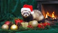 Ferret in Santa hat perched on Christmas gifts and pine cones by fireplace Royalty Free Stock Photo